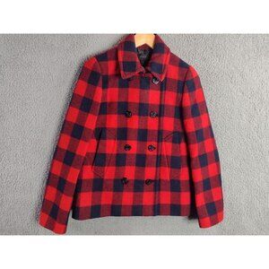 J. Crew 100% Wool Red & Navy Buffalo Check Plaid Peacoat Pea Coat Size 6